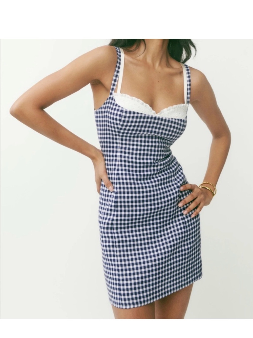 Reformation Lovella Linen Gingham Mini Dress with Lace Trim - Size 6
